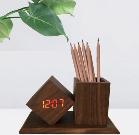 LED Electronic wooden pen holder clock/ساعة الكترونية و منظم للمكتب